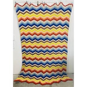 Vintage 70s 80s Handmade Afghan Crochet Blanket Wave Chevron Sunset Fall Blue Or